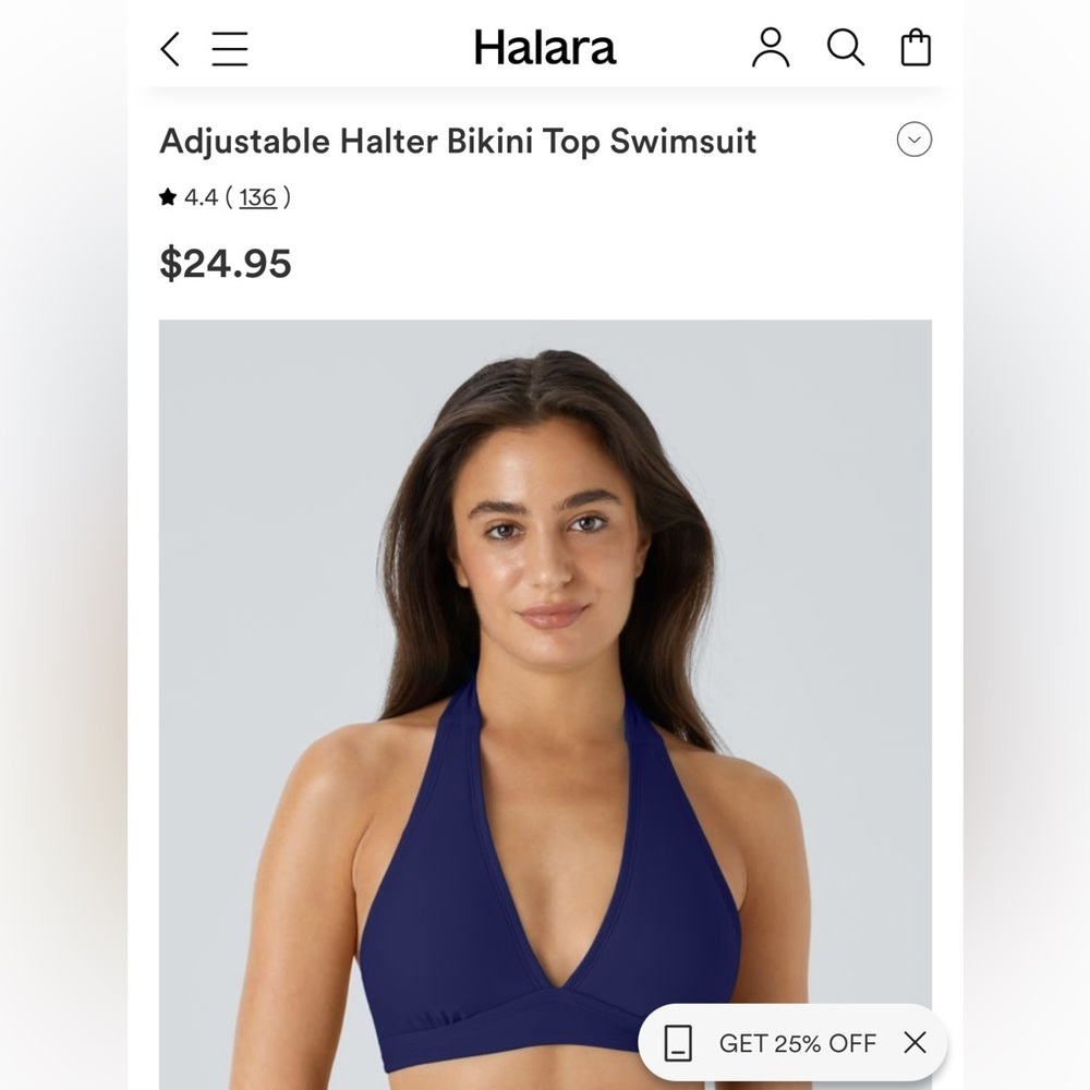 HALARA Navy Bikini Top Swimsuit Adjustable - V Neck Top XS NWOT MSRP $25